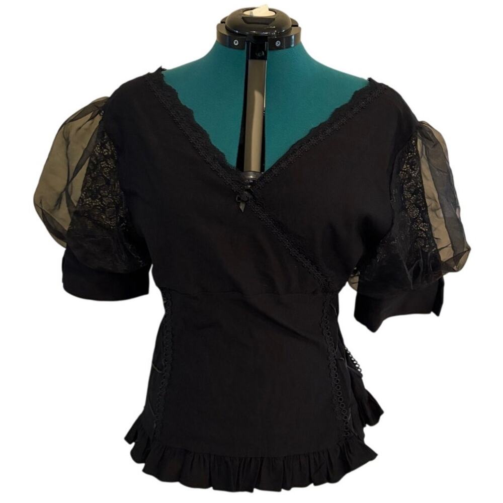 NWT Belle Poque Black Lacy Laced Side‎ Steampunk Half Sleeve Gothic Blouse 2XL